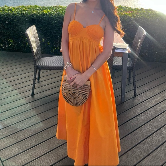 Farm Rio Orange Marigold Bustier Maxi Dress Braided Straps